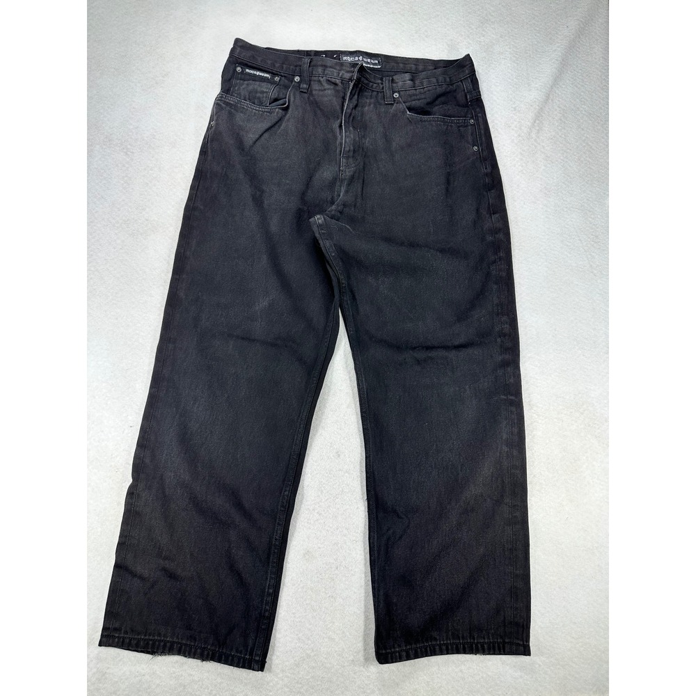 Rocawear Mens Baggy Fit Jeans Black Denim Y2K Streetwear Size 38x30.5 Wide Leg